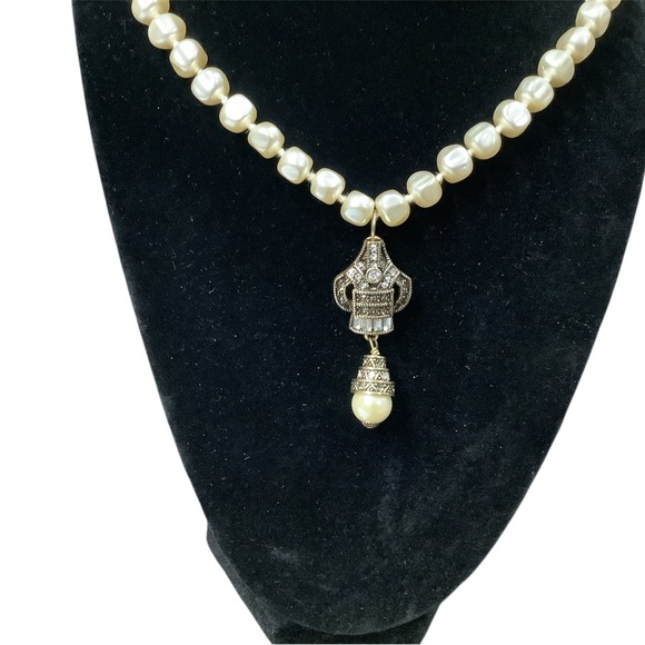 Heidi Daus Art Deco Teardrop Gold  and Silver Pendant with Faux Pearl - Picture 3 of 6